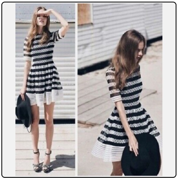 ALEXIS AMIR DRESS black white striped guipure lace structured pleated kne - Picture 1 of 5